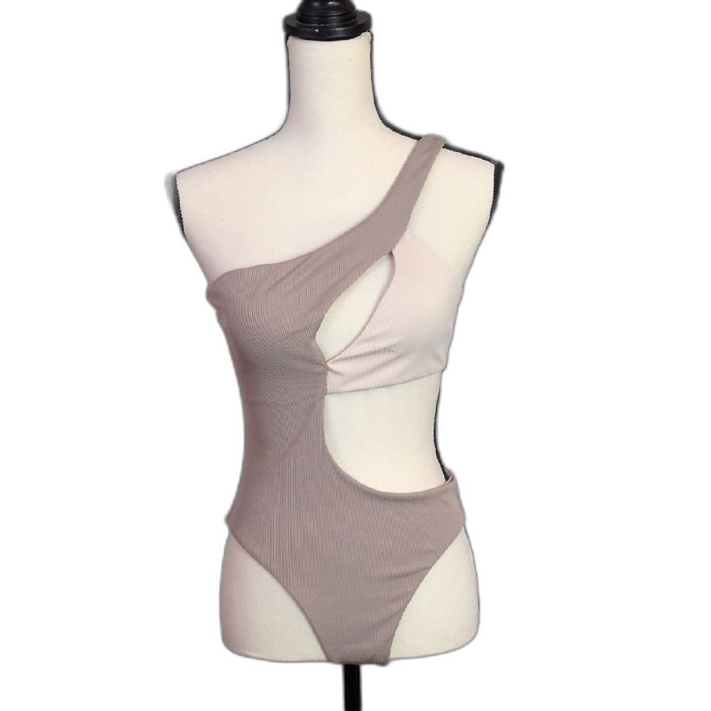 ZAFUL Beige Tan Natural Ribbed Cutout One-Piece One Shoulder Swimsuit Women's S